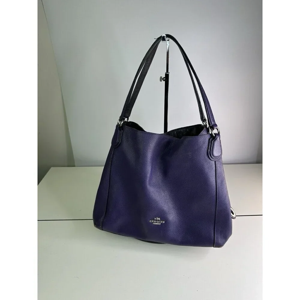 Vtg Coach Turnlock Edie Dark Purple Pebble Leather Shoulder Bag